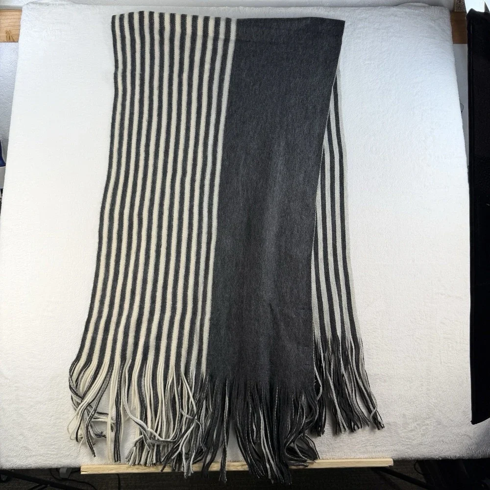 Anthropologie Long Fringed Scarf Wrap Knit Gray Striped Warm Soft Reversible NEW
